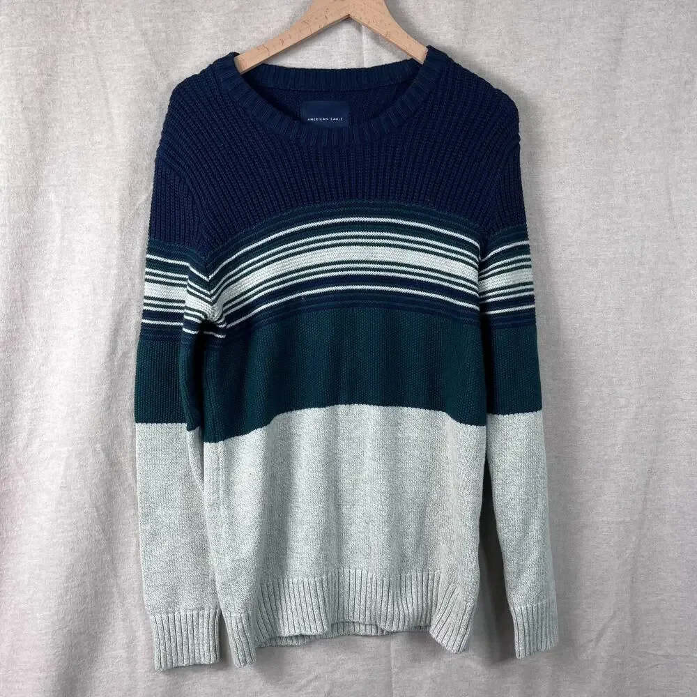 Vintage 90s American Eagle Mens Sweater Small Ribbed Knit Striped Wool Blend Y2K - Picture 1 of 10